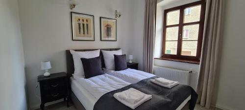 a bedroom with a bed with pillows and a window at SUKIENNICE MIĘDZYLESIE in Międzylesie