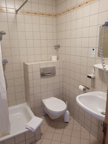 a bathroom with a toilet and a sink at Stay2Night Hotel in Dillingen an der Saar