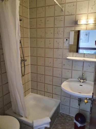 a bathroom with a sink and a bath tub and a sink at Stay2Night Hotel in Dillingen an der Saar