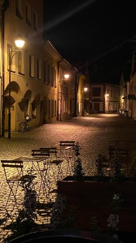 an empty street at night with benches and buildings at Penzion Panská in České Budějovice