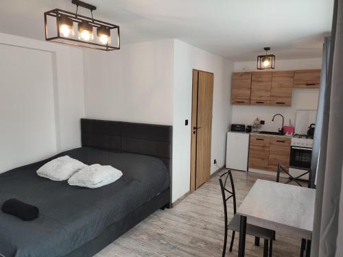 a bedroom with a bed and a table and a kitchen at Pokoje i apartamenty MatDar in Mikołajki