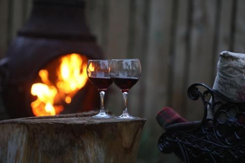 two glasses of wine sitting on a stump with a fireplace at Garden Studio in Biggar in Biggar