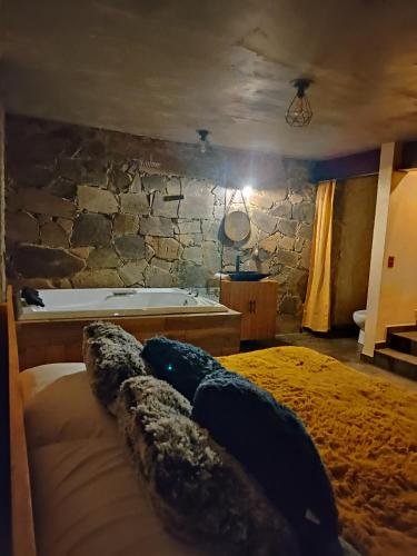 a bedroom with a bed and a bath tub at Cabañas San Marcos in Mazamitla