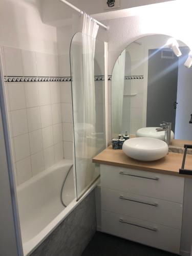 une salle de bain avec une douche, un lavabo et un miroir dans l'établissement Charmant 2 pièces proche de la plage de Socoa, à Urrugne