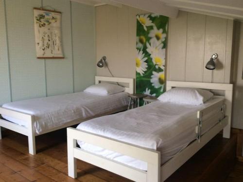 two twin beds in a bedroom with a flower mural at Dijkhuisje Zeeland in Waterlandkerkje