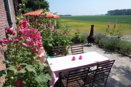 a table and chairs in a garden with flowers at Dijkhuisje Zeeland in Waterlandkerkje