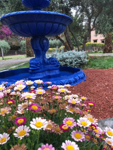 a blue fountain in a garden with flowers at Teacook Marrakech in Ouled el guerne