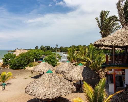 a group of straw umbrellas on a beach at Hotel Agroturistico Palma Vino in Arboletes