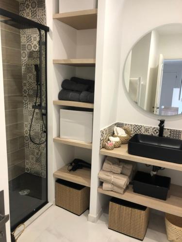 a bathroom with a sink and a mirror at Front de mer,plage, piscine, parking in Cagnes-sur-Mer
