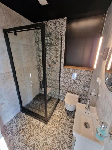 a bathroom with a shower and a sink and a toilet at Klimatyczny Apartament na Bydgoskim Przedmieściu in Toruń
