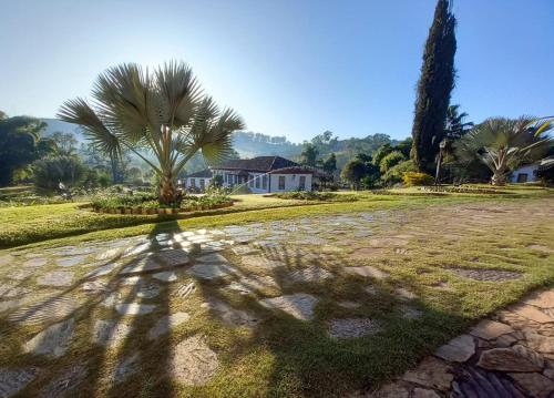 a shadow of a palm tree on a field at Hotel Fazenda Palestina in Itapecerica