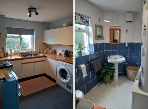 two pictures of a kitchen with a washing machine at Llety Bach in Fishguard