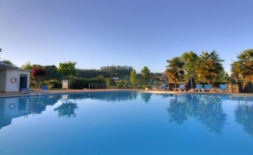 a large swimming pool with palm trees in the background at Lam Hotel Estarreja in Estarreja