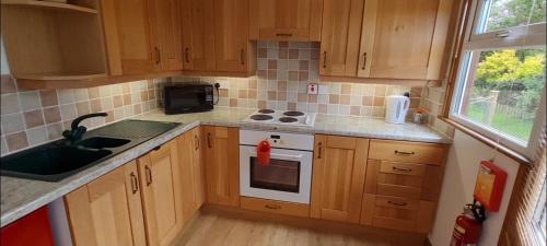 a small kitchen with wooden cabinets and a sink at Little Oaks Chalet - St. Merryn, Padstow in Padstow