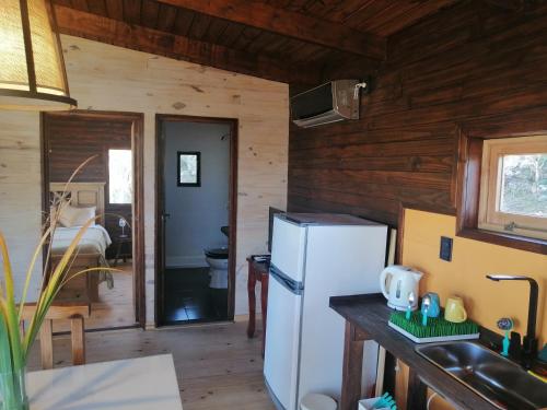 eine Küche mit einem Kühlschrank und einem Waschbecken im Zimmer in der Unterkunft Cabaña de Campo - Valle de Calamuchita - Sierras de Córdoba in San Clemente