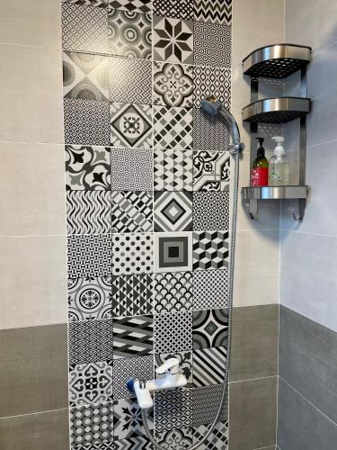 a bathroom with a shower with a black and white tile wall at ShinYuan BNB in Chaozhou