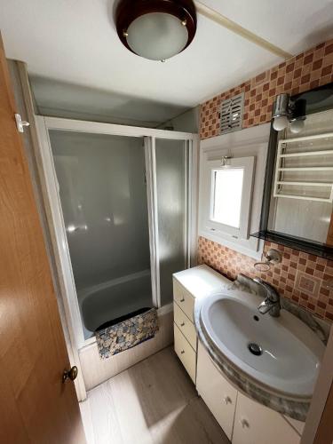 une petite salle de bain avec un lavabo et une douche dans l'établissement Bungalow charmant à Cauterets avec vue sur la montagne, à Cauterets
