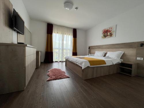 a hotel room with a bed and a television at Cabana Chalet Transylvania in Orlat