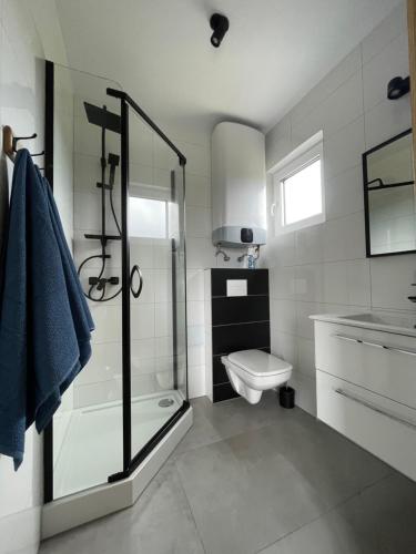 a bathroom with a shower and a toilet and a sink at Zagajka SUN in Sarbinowo