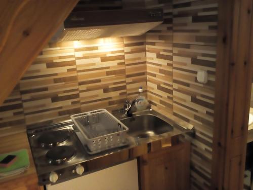 a small kitchen with a sink and a sink at Zöld sziget Apartmanház in Gyenesdiás