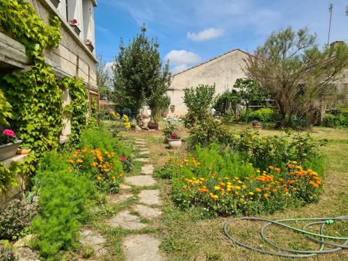 un jardín con flores y un camino de piedra en VILLA PIERRE en Condom