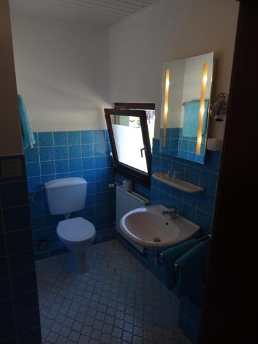 a blue tiled bathroom with a toilet and a sink at Bed&Breakfast Eifelpension Brückenschenke in Fuchshofen