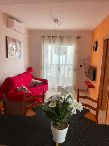 トレビエハにあるApartamento Ibanez, casa 119の赤いソファと植物のあるリビングルーム
