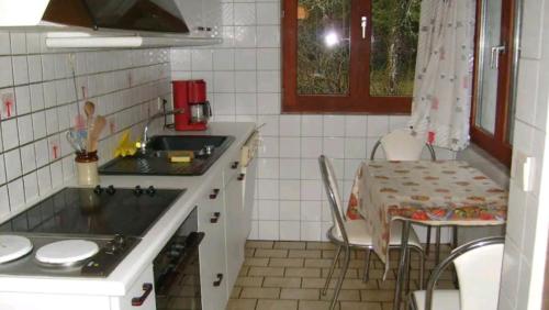 una pequeña cocina con fregadero y mesa con sillas en PROPRIETE BORDEE D'ETANGS, PROPICE A LA DETENTE, en Florenville