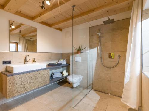 La salle de bains est pourvue d'une douche, de toilettes et d'un lavabo. dans l'établissement Trattenbachhof, à Scheffau am Wilden Kaiser