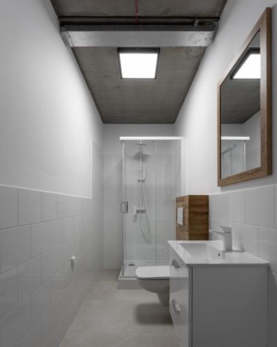 a bathroom with a shower and a toilet and a sink at Apartamenty Przystanek Morska in Gdynia
