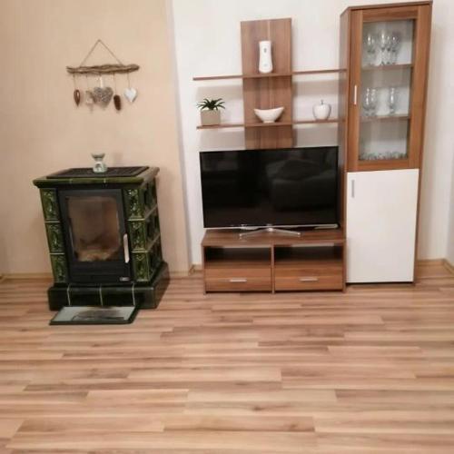 a living room with a fireplace and a television at Ubytovanie Sosna Muráň in Muráň
