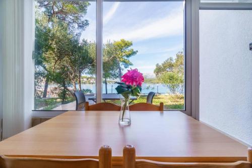 a vase of flowers sitting on a table in front of a window at Apartment A2 - Prvi zal in Lumbarda