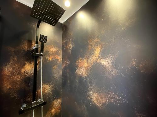 a bathroom with a shower and a black wall at Le petit atelier - Studio - WIFI - Coeur de ville - Parking in Pont-lʼAbbé