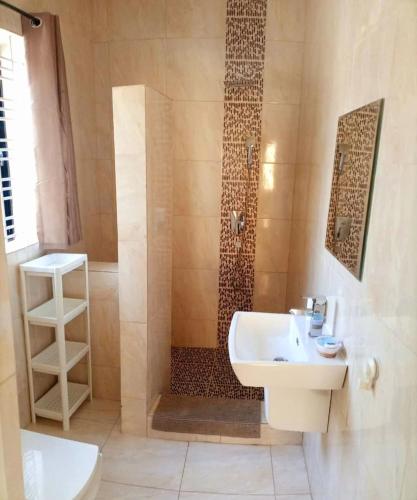 a bathroom with a sink and a shower at Portersville Private Lodge in Freetown