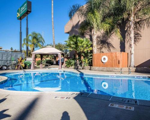 a large swimming pool in a hotel with palm trees at Quality Inn & Suites Cameron Park Shingle Springs in Cameron Park
