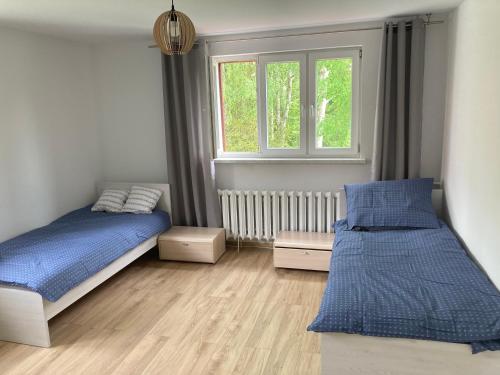 - une chambre avec 2 lits et une fenêtre dans l'établissement Apartament Karolewo, à Karolewo