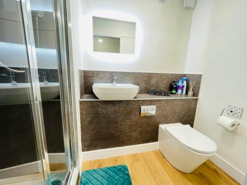 a bathroom with a toilet and a sink at KENILWORTH STUDIO * GROUND FLOOR * PARKING in Kenilworth