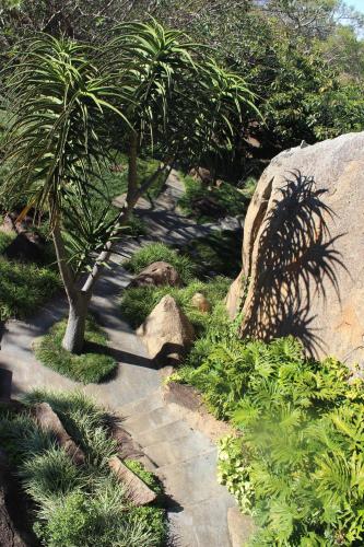 a garden with a palm tree and a stone path at Mogi Boutique Hotel in Ezulwini