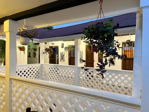 a white fence with potted plants on it at Emerald Palm Courtyard Hotel in Zanzibar City