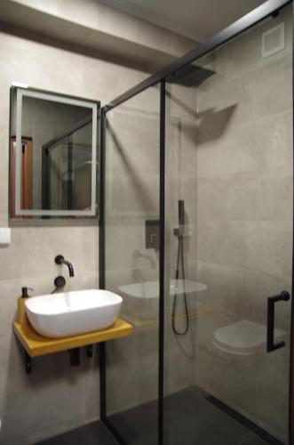 a bathroom with a sink and a glass shower at Apartament Cesarski in Wałcz