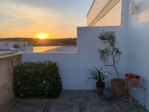 a sunset from the balcony of a building with plants at Anthony's Sea Stay in Marsaxlokk