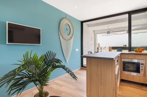 une cuisine avec des murs bleus et une plante en pot dans l'établissement Blue Luxury House Port Nature Naturiste, au Cap d'Agde