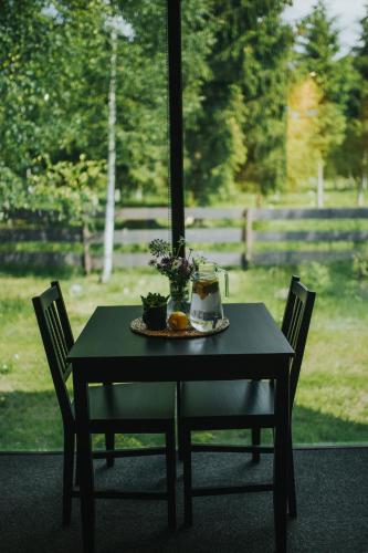 a black table with two chairs and flowers on it at Mirror house in Tīnūži