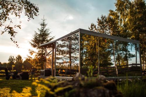 a glass house in the middle of a field at Mirror house in Tīnūži