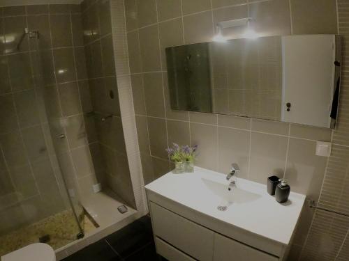 a bathroom with a sink and a shower and a toilet at Casa Vista Mar in Luz