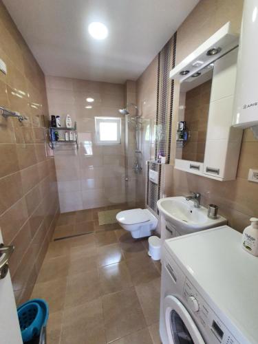 a bathroom with a toilet and a sink and a washing machine at Villa RADA in Igalo