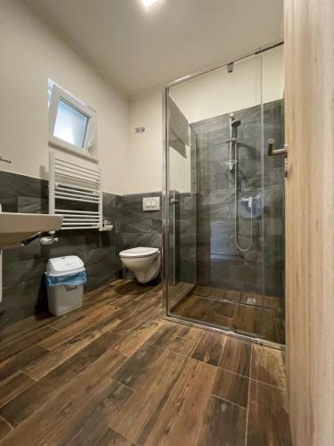 un bagno con doccia e WC di Liget Üdülőpark Fonyód a Fonyód