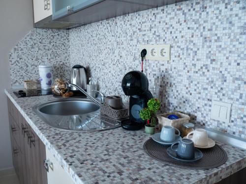 Una encimera de cocina con un fregadero y una encimera. en Studios Sea view Primorsko, en Primorsko