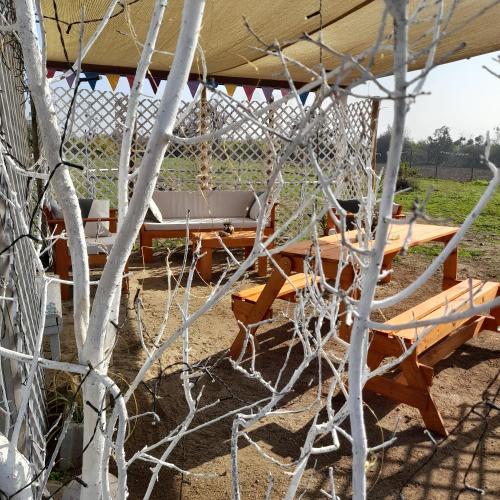 a hammock and a table and chairs under a tent at Entre tizones y brujos ( cabaña Maggie) in Olmué