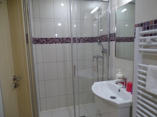 a bathroom with a shower and a sink at Alabárdos Panzió és Apartmanház in Esztergom